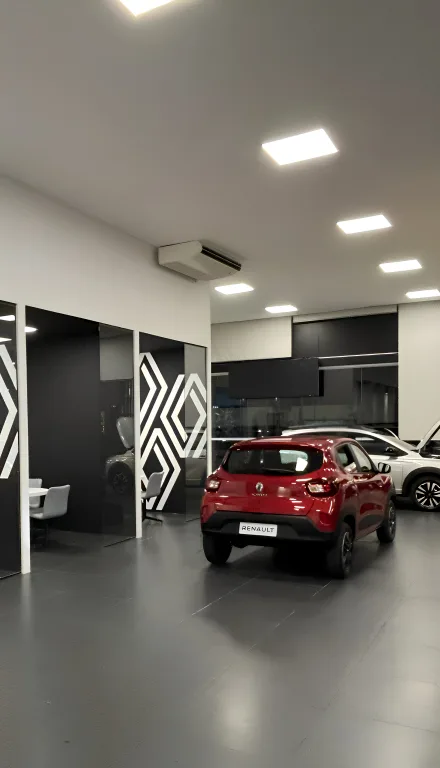 Interior de concessionária Renault com carros expostos e decoração moderna